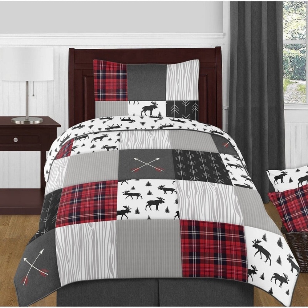 Woodland Plaid Twin Quilt and Sham Like New Red/Black